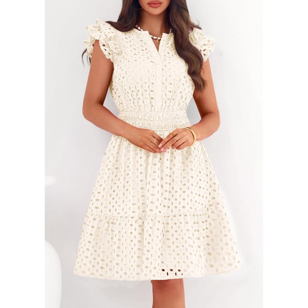 Women's Beige V Neck Eyelet Cap Sleeve Summer Beach Vacation Sundresseses - Picture 2 of 8